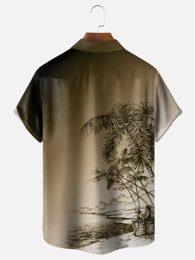 Tall Size Moisture-wicking Gradient Palm Tree Chest Pocket Hawaiian Shirt