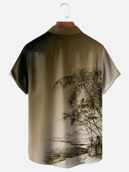 Tall Size Moisture-wicking Gradient Palm Tree Chest Pocket Hawaiian Shirt