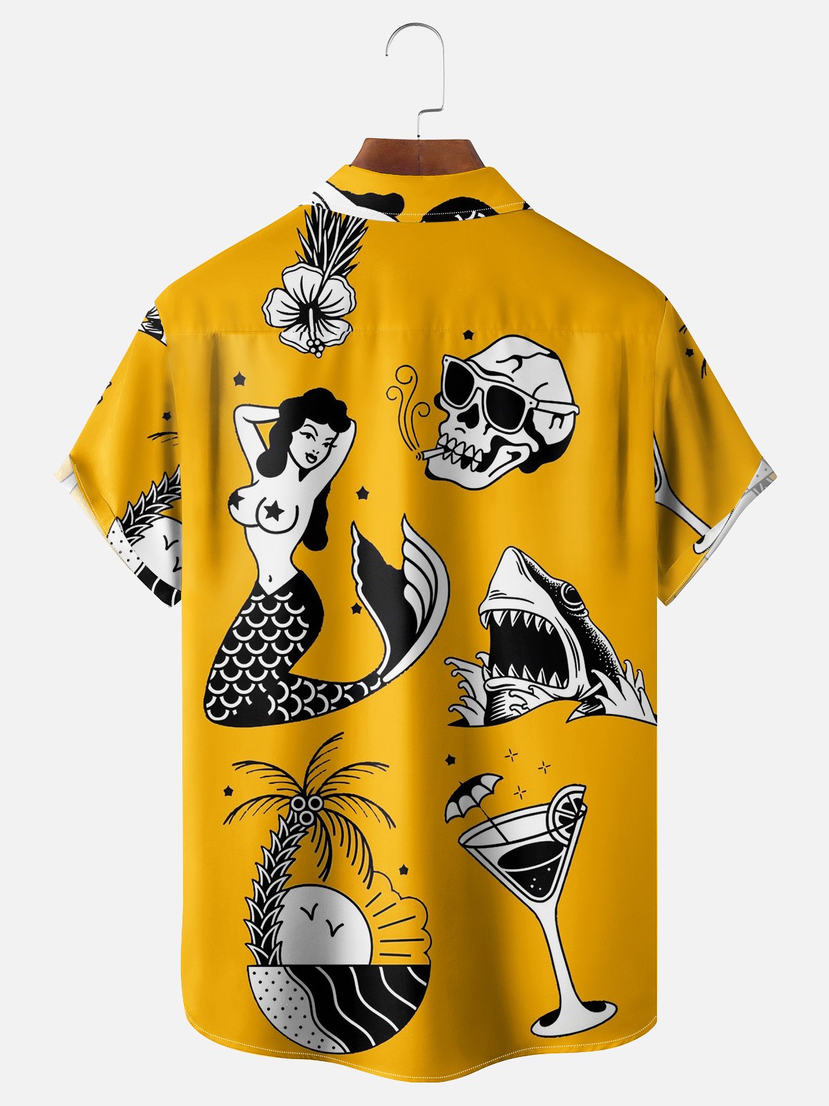 Moisture-wicking Mermaid Tattoo Chest Pocket Hawaiian Shirt