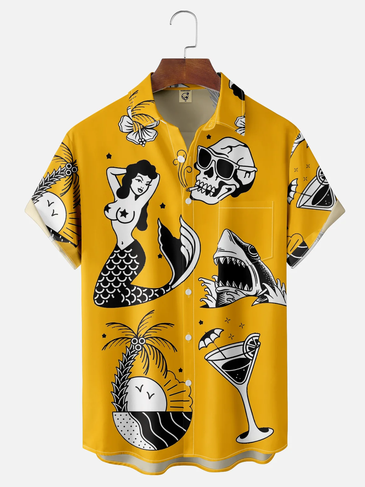 Moisture-wicking Mermaid Tattoo Chest Pocket Hawaiian Shirt