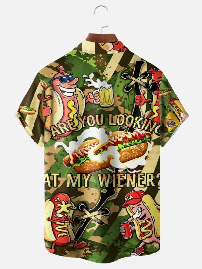 Tall Size Moisture Wicking Fun American Hot Dog Slogan Chest Pocke Holiday Hawaiian Shirt