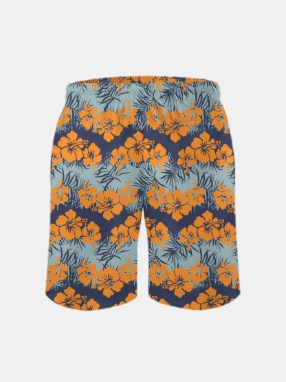 Men's Swim Trunks Hawaiian Tropical Hibiscus Flower Beach Shorts with Pockets