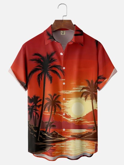 Moisture-wicking Coconut Tree Beach Chest Pocket Hawaiian Shirt