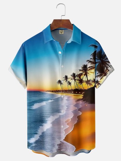 Tall Size Moisture-wicking Palm Tree Chest Pocket Hawaiian Shirt