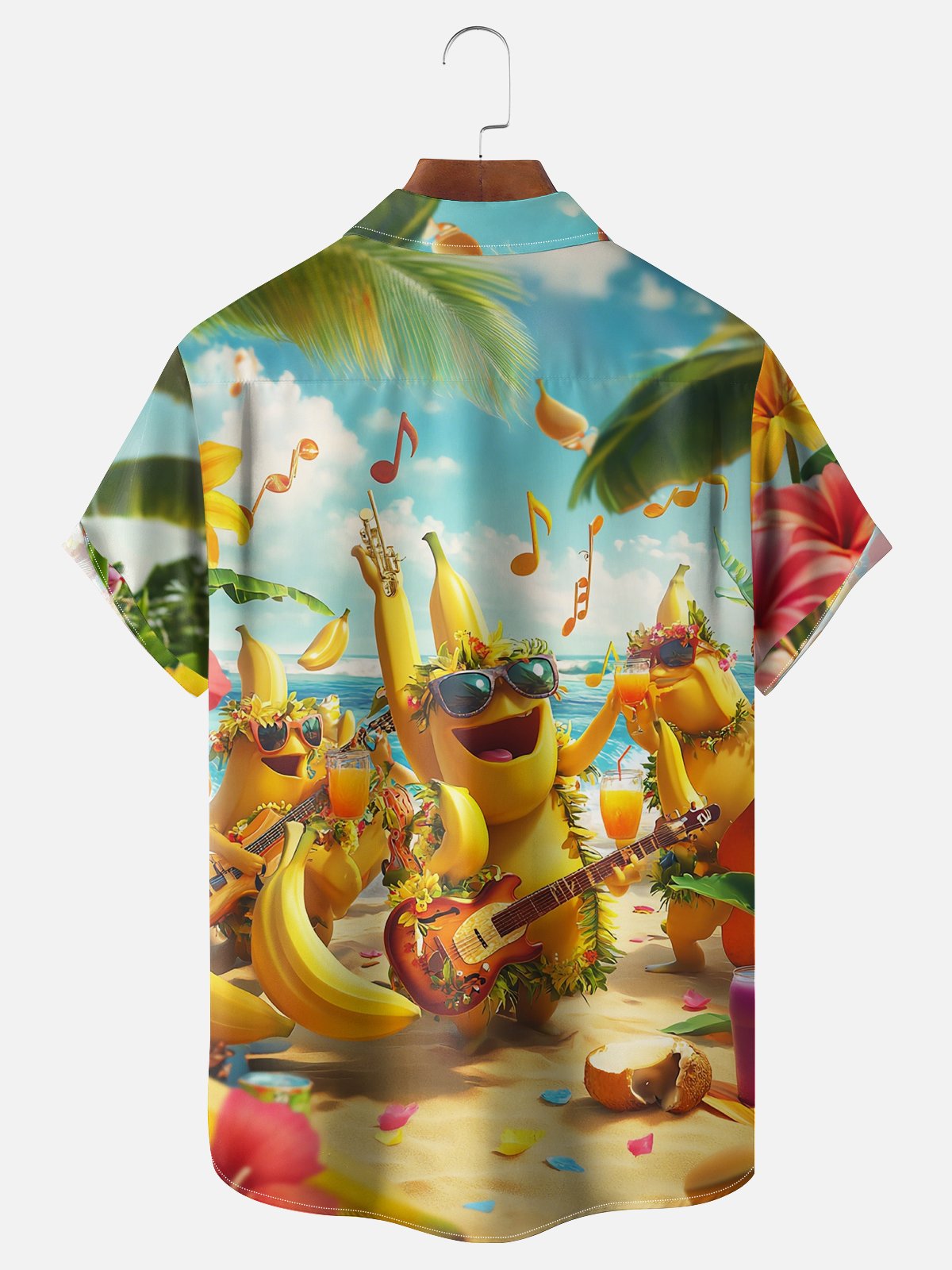 Moisture Wicking Beach Banana Music Party Chest Pocket Hawaiian Shirt