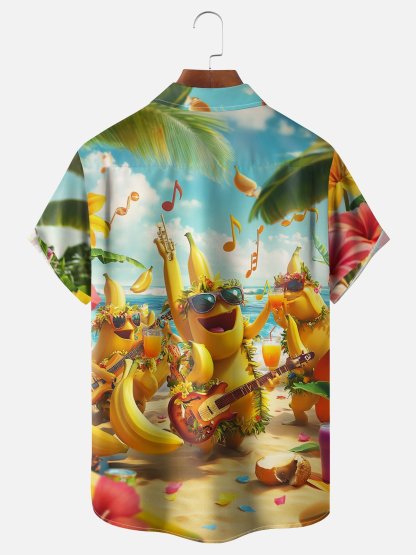 Moisture Wicking Beach Banana Music Party Chest Pocket Hawaiian Shirt