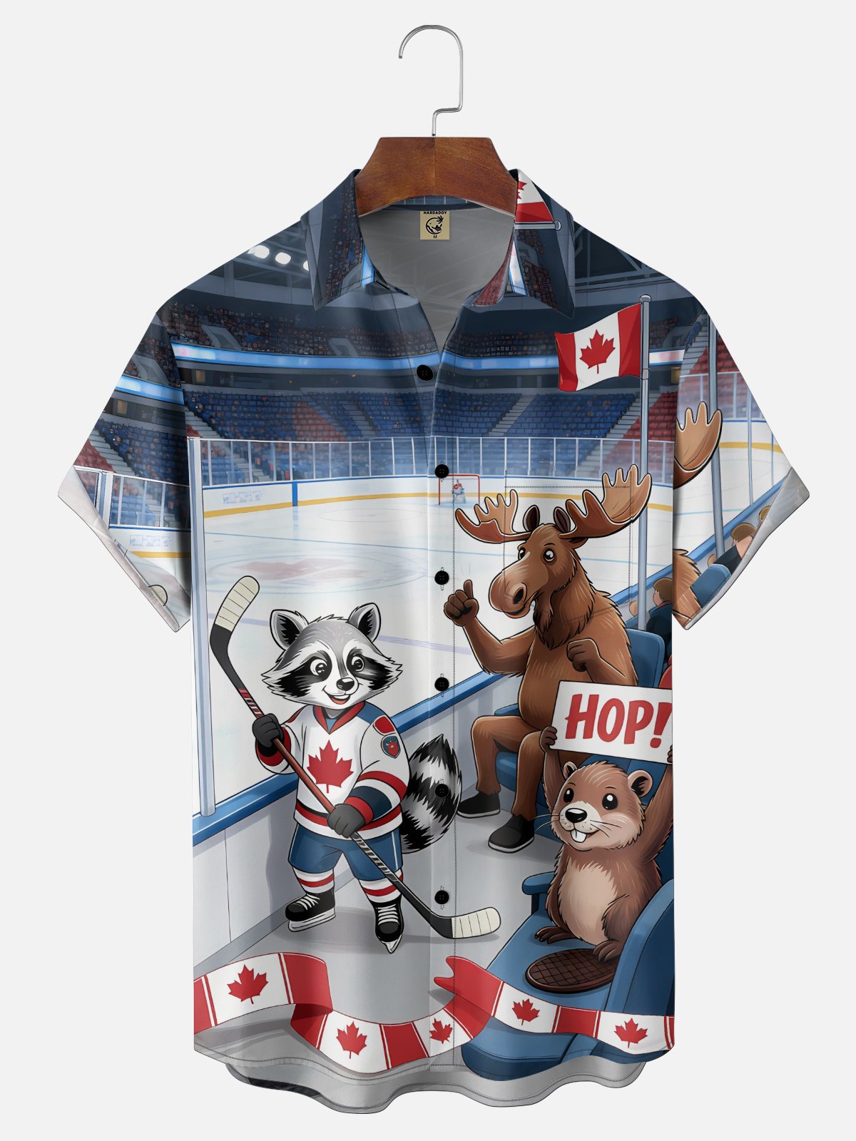 Moisture Wicking Canadian Heritage Themed Maple Leaf Flag Hockey Beaver Moose Motifs Chest Pocket Hawaiian Shirt