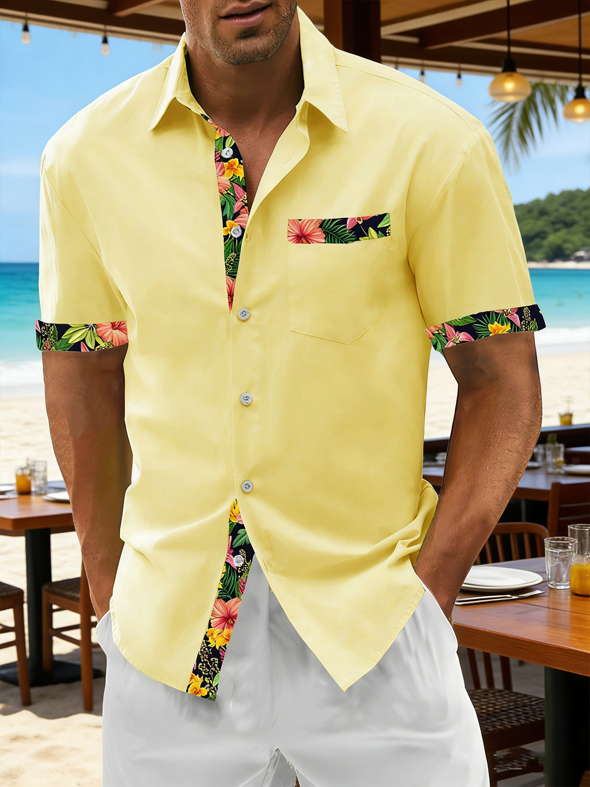 Linen Textured Solid & Botanical Floral Patchwork with Chest Pocket Holiday Hawaiian Shirt