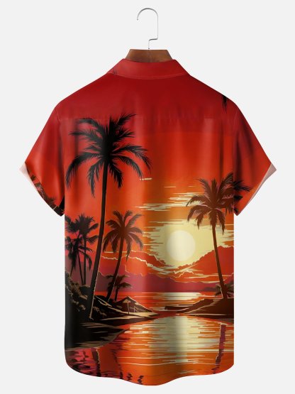 Moisture-wicking Coconut Tree Beach Chest Pocket Hawaiian Shirt
