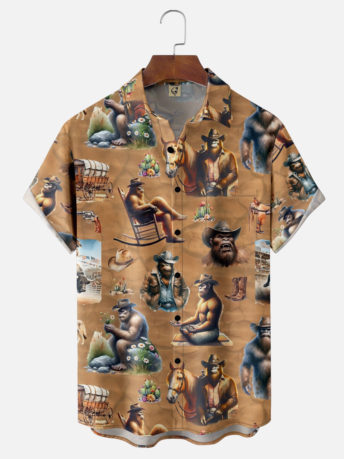 Moisture-Wicking American Western Cowboy Bigfoot Chest Pocket Hawaiian Shirt