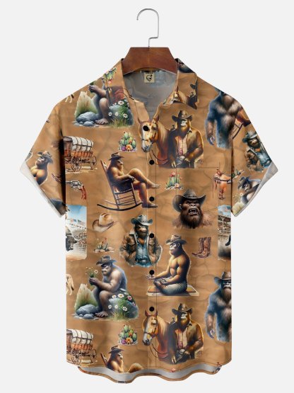 Moisture-Wicking American Western Cowboy Bigfoot Chest Pocket Hawaiian Shirt