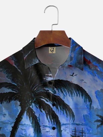 Moisture-wicking Palm Tree Sailing Boat Chest Pocket Hawaiian Shirt