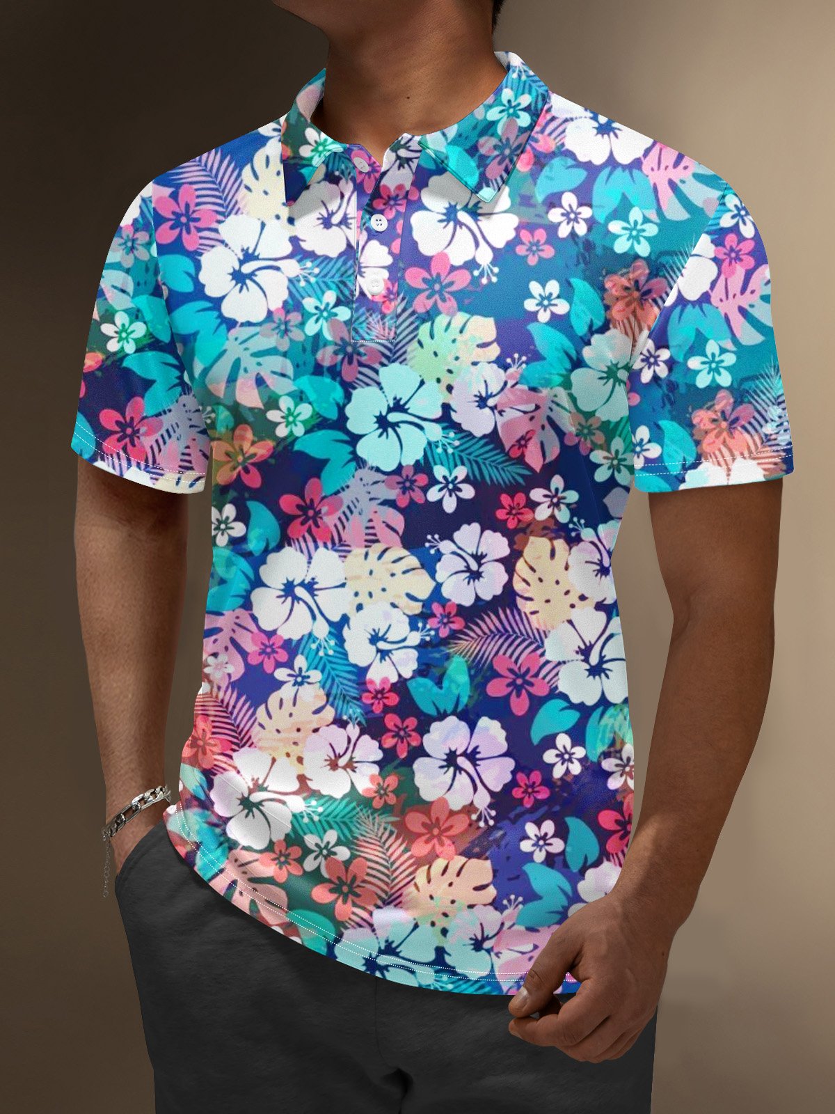 Moisture Wicking Hawaiian Flowers Palm Leaf Golf Polo