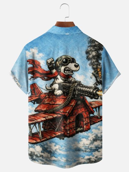 Tall Size Moisture-Wicking Abstract Airplane Dog Pattern and Chest Pocket Holiday Hawaiian Shirt