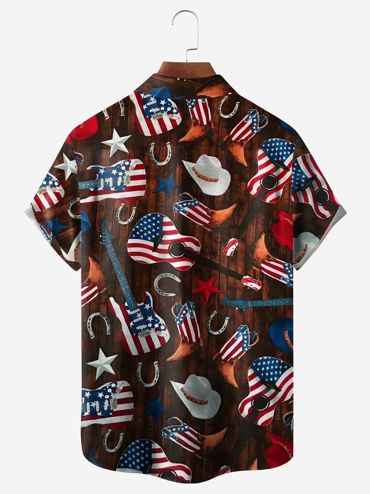 Moisture-wicking American Flag Guitar Chest Pocket Hawaiian Shirt