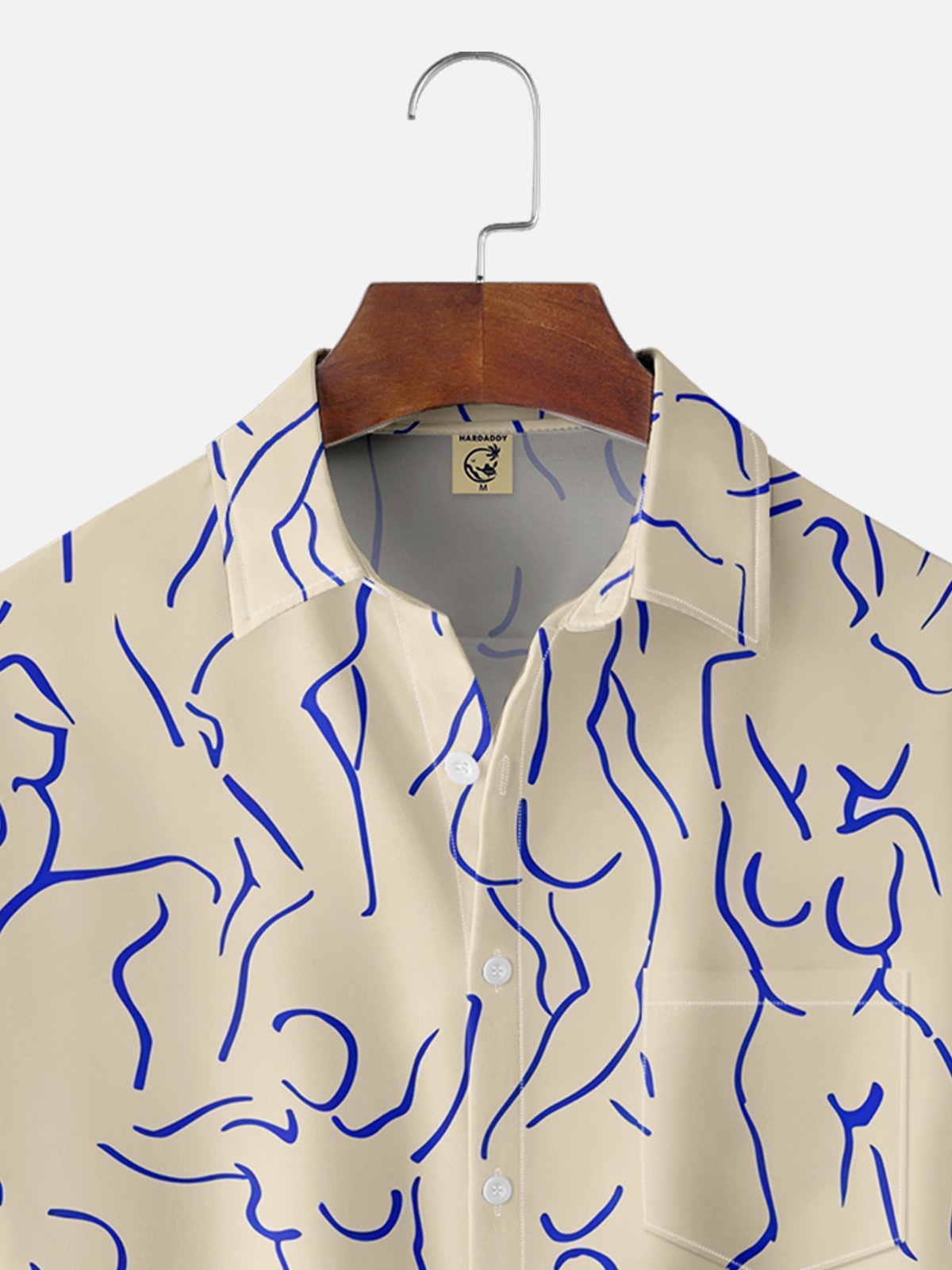 Moisture-wicking Art Blue Abstract Line Drawing Chest Pocket Hawaiian Titty Shirt