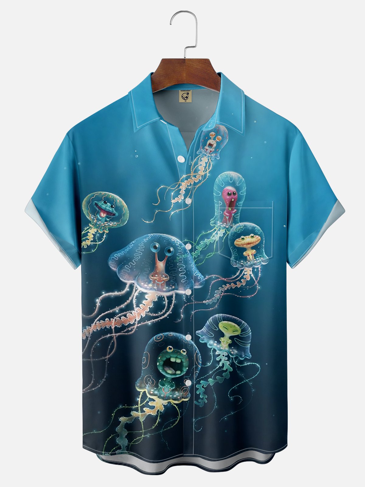 Moisture-wicking Funny Mini Ocean Jellyfish Blue Chest Pocket Hawaiian Shirt