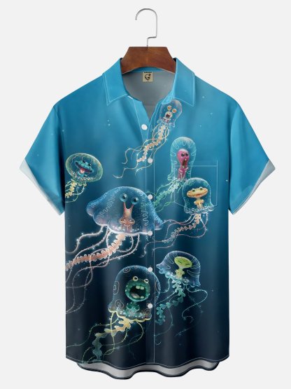 Moisture-wicking Funny Mini Ocean Jellyfish Blue Chest Pocket Hawaiian Shirt