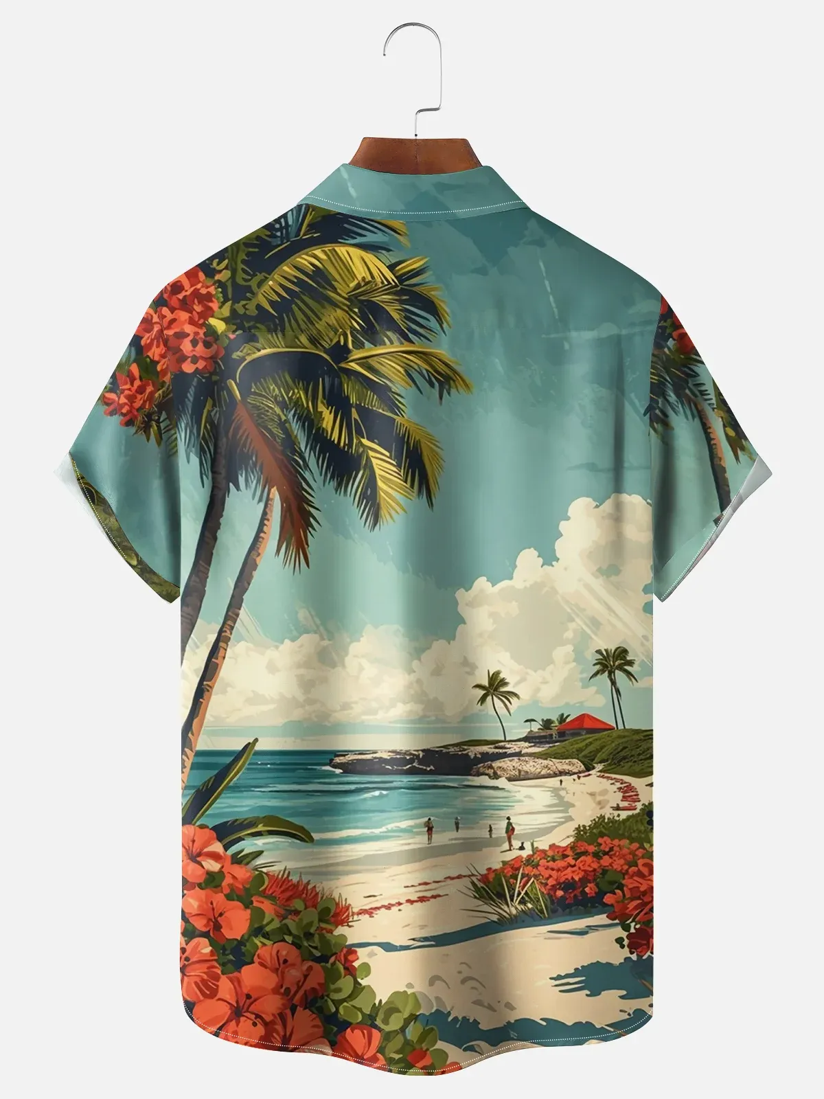 Moisture-wicking Summer Ocean Coconut Tree Art Chest Pocket Hawaiian Shirt
