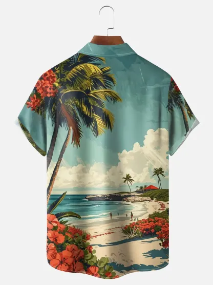 Moisture-wicking Summer Ocean Coconut Tree Art Chest Pocket Hawaiian Shirt
