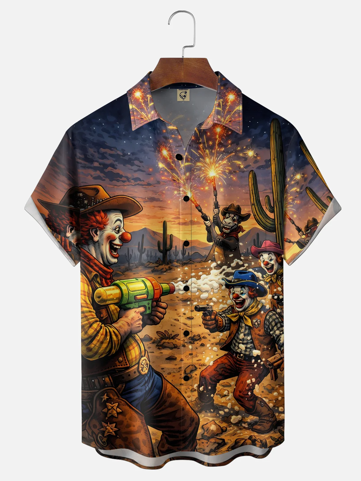 Moisture Wicking Western Clown Cowboy Chest Pocket Holiday Hawaiian Shirt