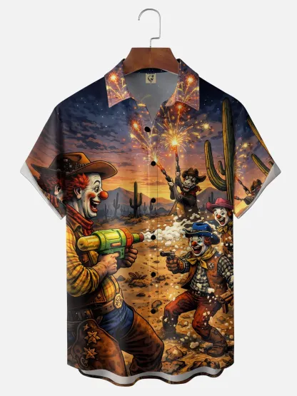 Moisture Wicking Western Clown Cowboy Chest Pocket Holiday Hawaiian Shirt