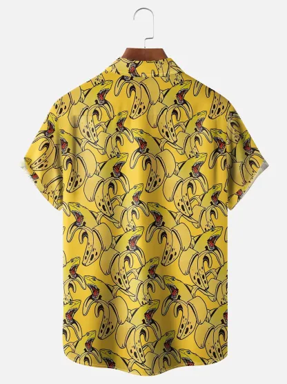Moisture Wicking Banana Shark Chest Pocket Hawaiian Shirt