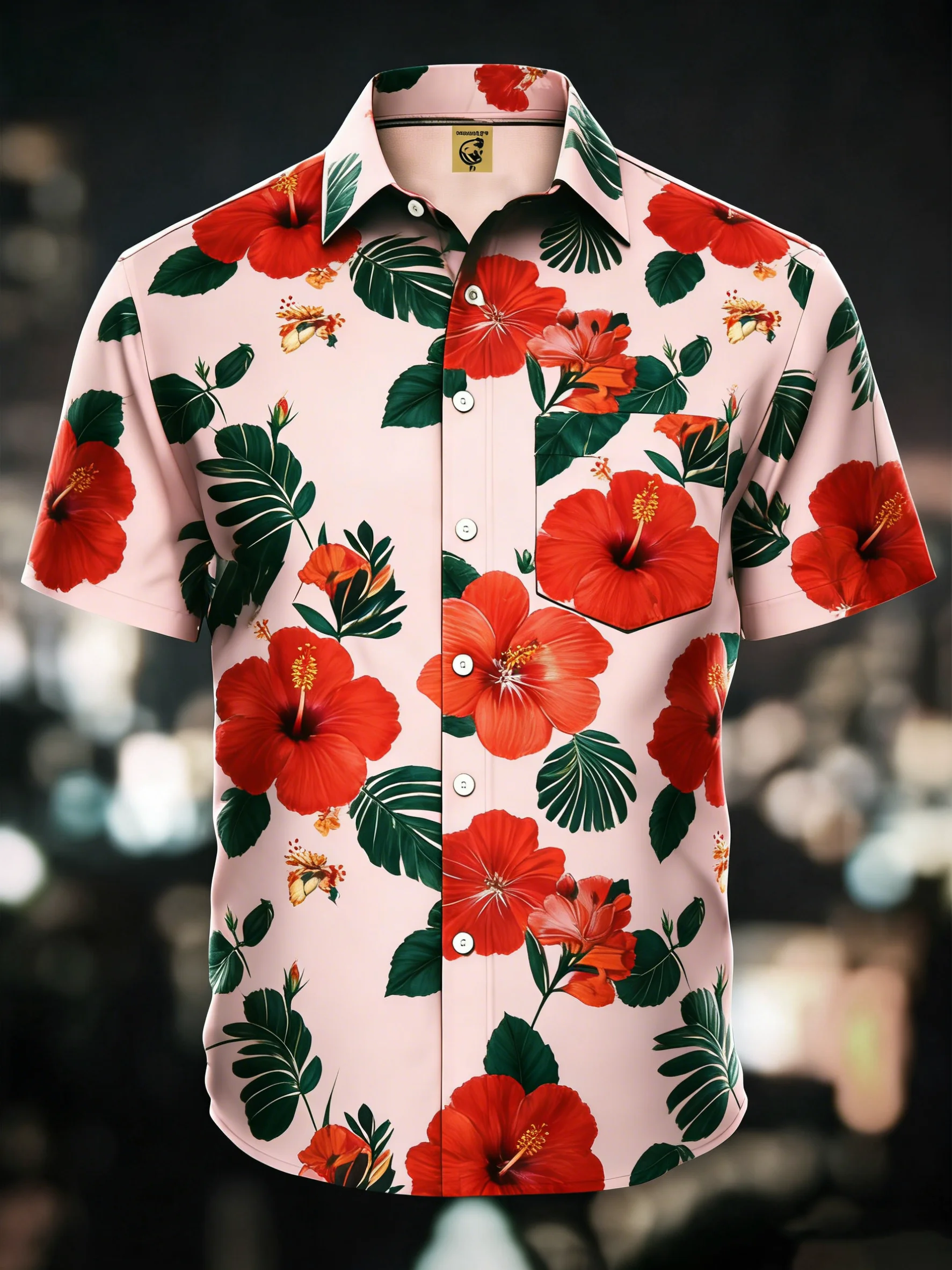 Moisture-wicking Tropical Hibiscus Floral Chest Pocket Hawaiian Shirt
