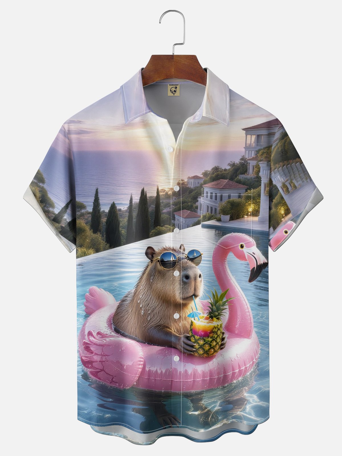 Moisture Wicking Fun Pool Themed Flamingo Capybara Chest Pocket Hawaiian Shirt