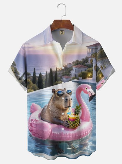 Moisture Wicking Fun Pool Themed Flamingo Capybara Chest Pocket Hawaiian Shirt