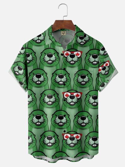 Moisture-wicking Canada Day Animal Maple Leaf Chest Pocket Hawaiian Shirt