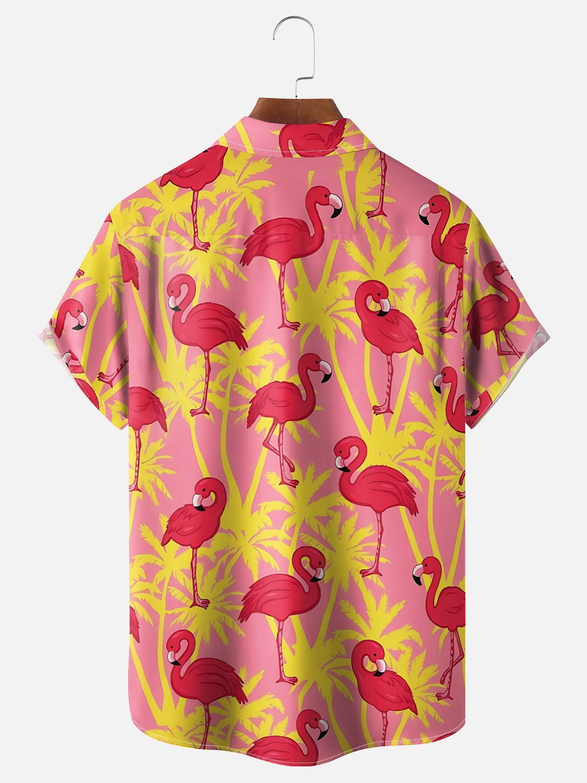 Moisture Wicking Leaf Floral and Flamingo Chest Pocket Holiday Hawaiian Shirt