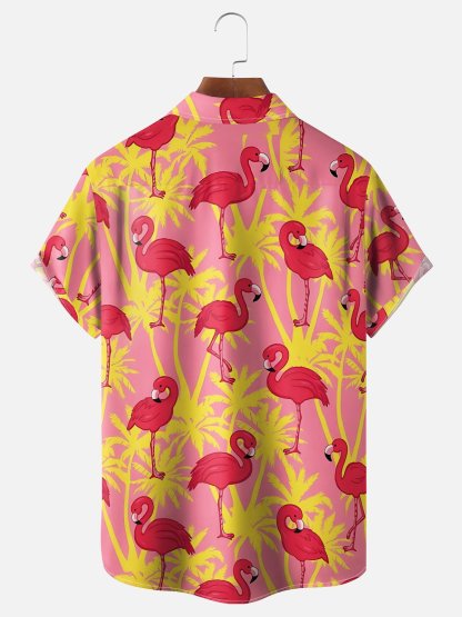 Moisture Wicking Leaf Floral and Flamingo Chest Pocket Holiday Hawaiian Shirt