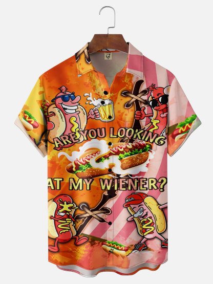 Tall Size Moisture Wicking Fun American Hot Dog Slogan Chest Pocke Holiday Hawaiian Shirt