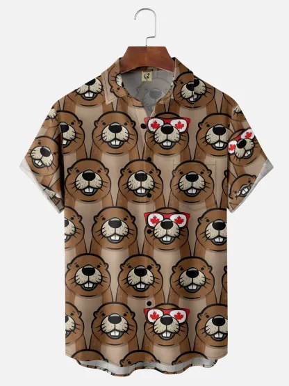 Moisture-wicking Canada Day Animal Maple Leaf Chest Pocket Hawaiian Shirt