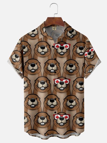 Moisture-wicking Canada Day Animal Maple Leaf Chest Pocket Hawaiian Shirt
