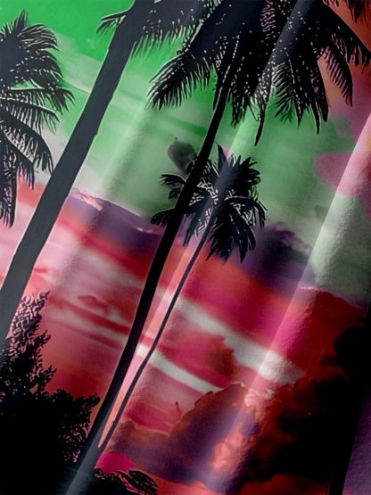 Big Size Moisture-wicking Beach Sunset Coconut Tree Chest Pocket Hawaiian Shirt
