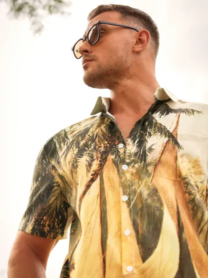 Mens Hawaiian Leaves Print Lapel Loose Chest Pockets Short Sleeve Funky Aloha Shirt