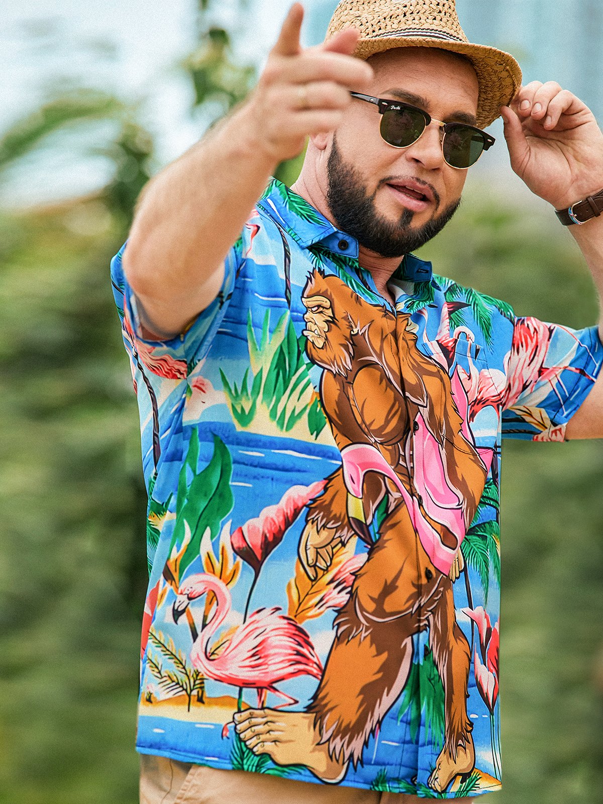 Flamingo Chest Pocket Short Sleeve Hawaiian Shirt