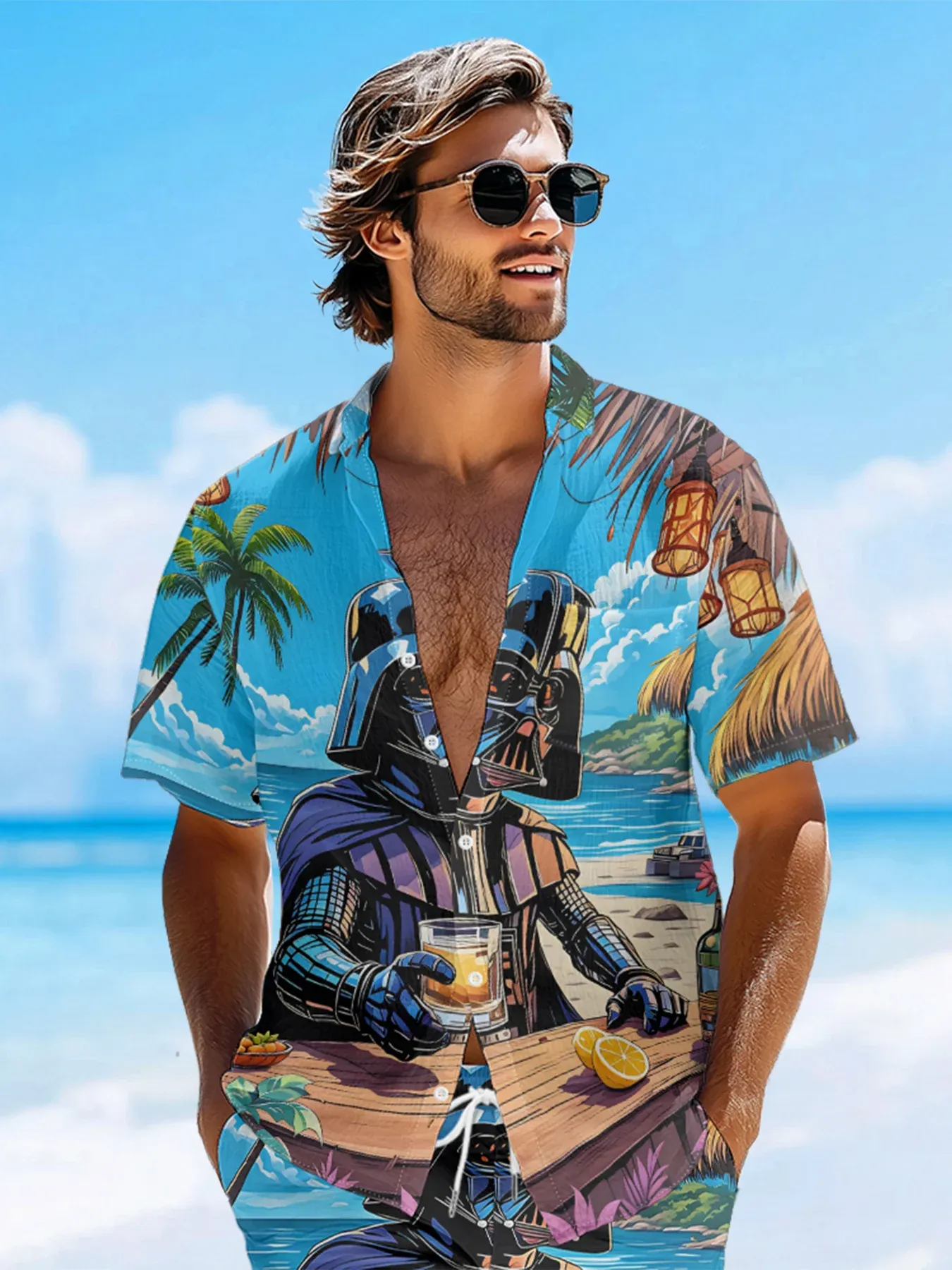 Moisture-wicking Star Beach Coconut Tree Chest Pocket Hawaiian Shirt