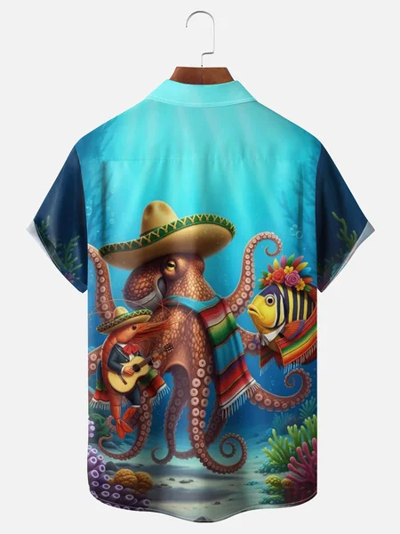 Moisture Wicking May 5th Festival Ocean Octopus Chest Pocke Holiday Hawaiian Shirt