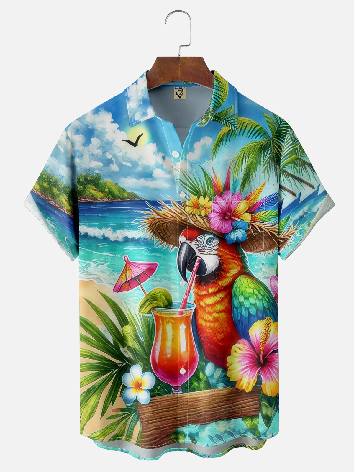 Moisture Wicking Cocktail Parrot Beach Coconut Tree Chest Pocket Hawaiian Shirt