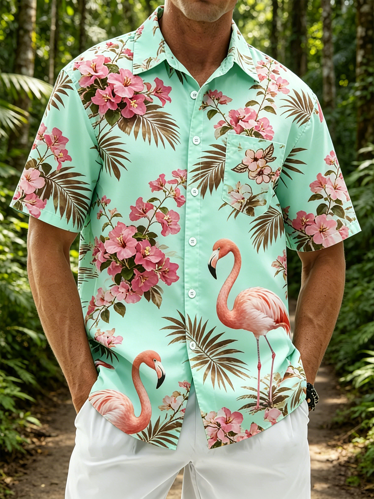Linen Texture  Botanical Floral Flamingo Print with Chest Pocket Holiday Hawaiian Shirt