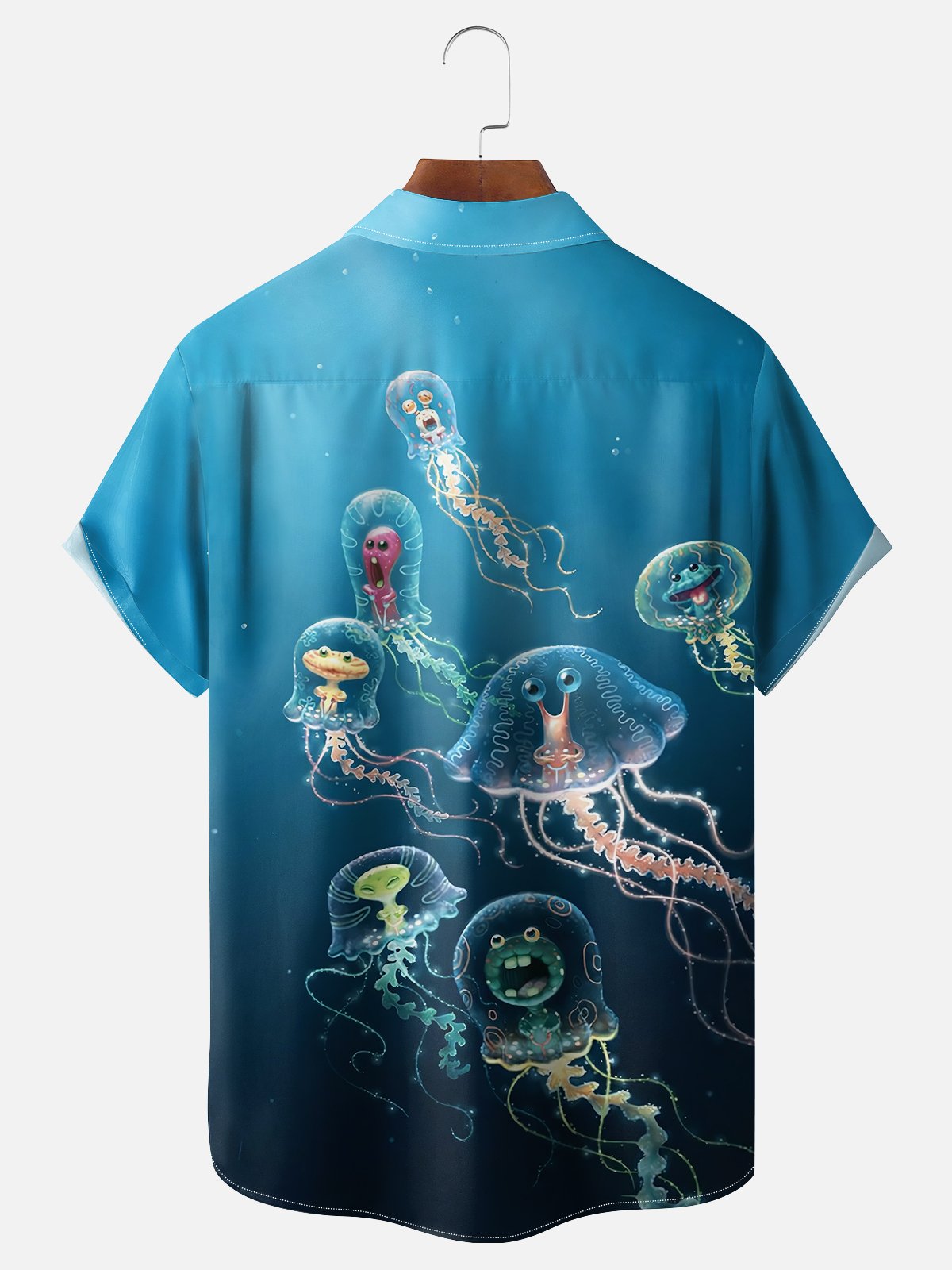 Moisture-wicking Funny Mini Ocean Jellyfish Blue Chest Pocket Hawaiian Shirt
