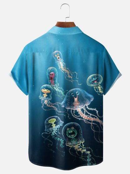 Moisture-wicking Funny Mini Ocean Jellyfish Blue Chest Pocket Hawaiian Shirt