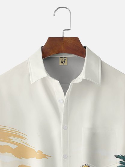 Moisture-Wicking Gradient Coconut Trees Beach And Bigfoot Print Chest Pocket Hawaiian Shirt