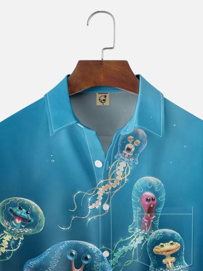 Moisture-wicking Funny Mini Ocean Jellyfish Blue Chest Pocket Hawaiian Shirt
