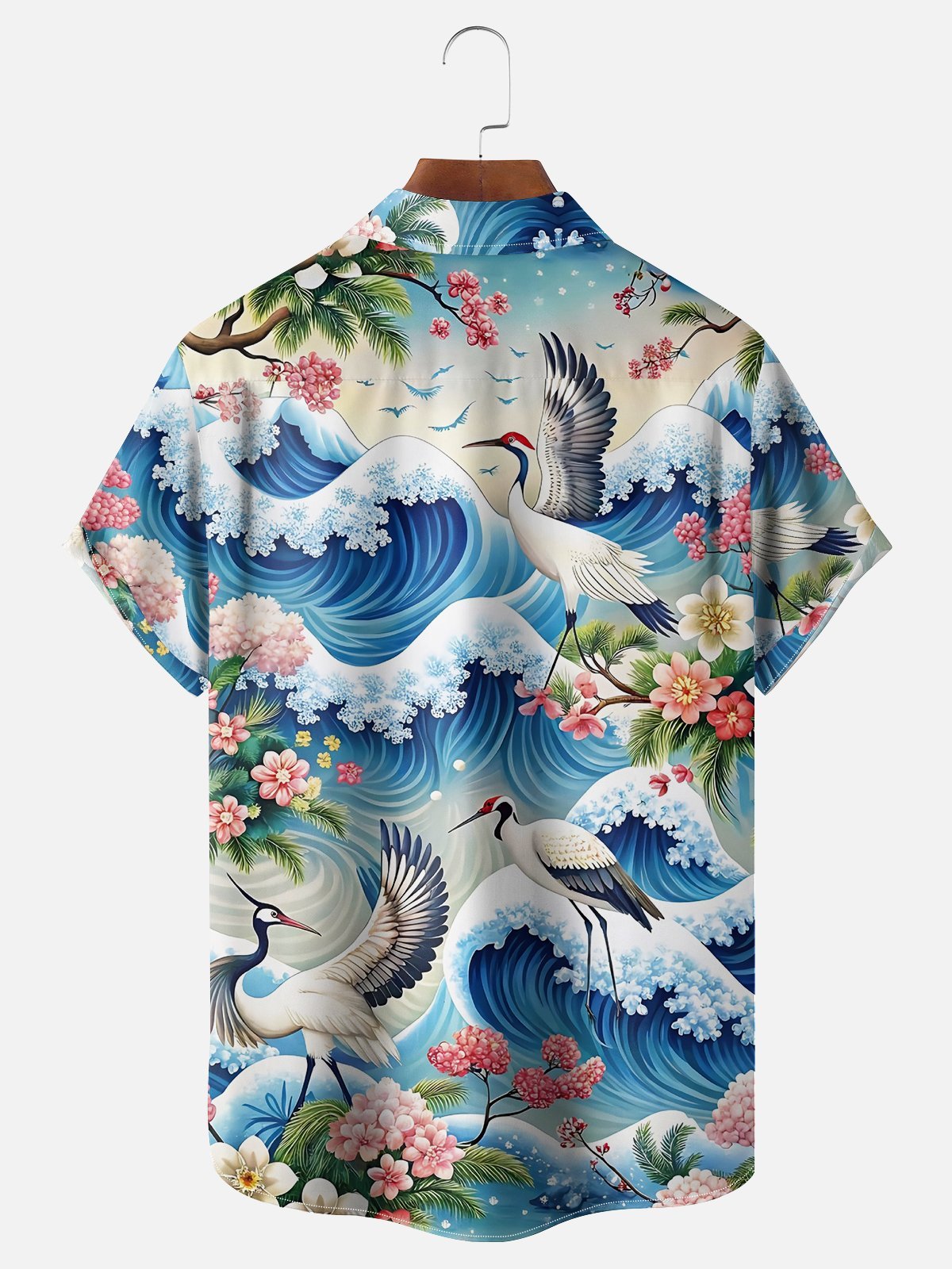 Moisture Wicking Botanical Ukiyo-e Crane Chest Pocket Hawaiian Shirt