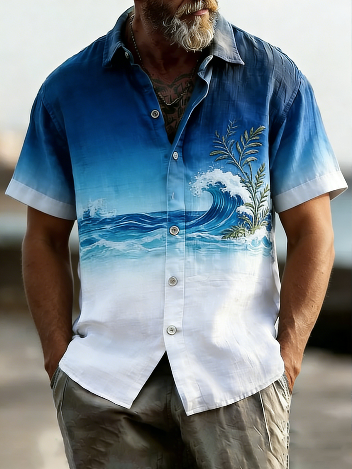 Linen Texture Gradient Ocean Wave Plant Chest Pocke Holiday Hawaiian Shirt