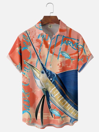 Moisture-wicking Swordfish Ocean Chest Pocket Hawaiian Shirt